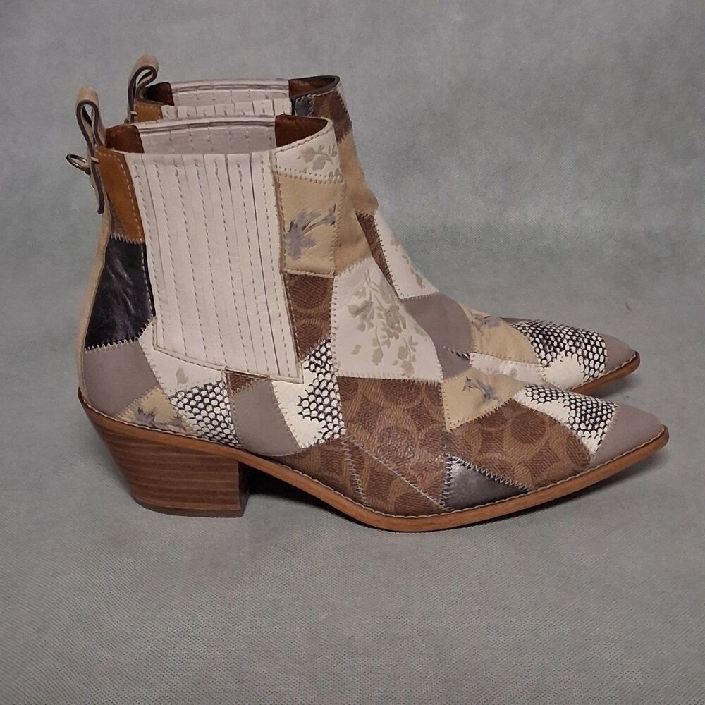 COACH Melody Ankle Boots Women's 9.5 B Beige Brown Patchwork - Picture 9 of 12